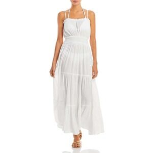 Aqua Swim Women's Smocked Tiered Cover-Up Maxi Dress White S New With Tags